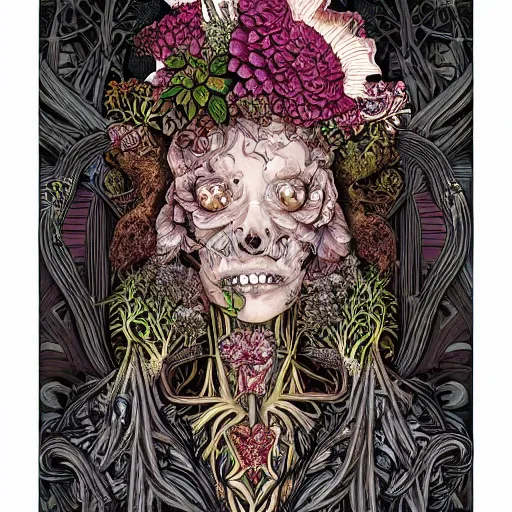 Image similar to a beautiful detailed front view portrait of a rotten woman corpse with fractal plants and fractal flowers and mushrooms growing around, intricate, symmetrical, ornate, ornamentation, bones, illustration, in the style of art nouveau