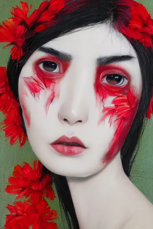 Prompt: beautiful woman's fractured face blended with red flowers jacky tsai style, pale skin, make up, acrylic on canvas