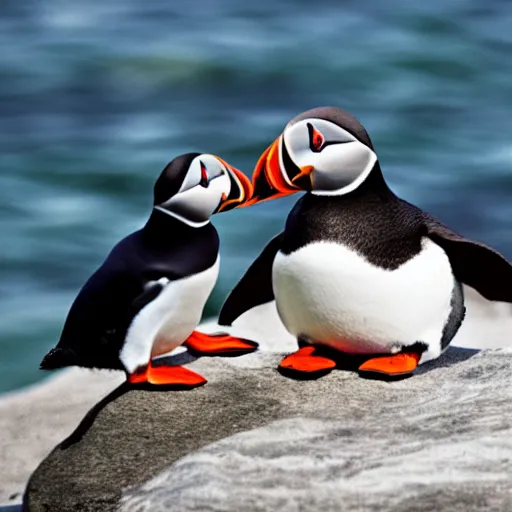 Prompt: puffin and a penguin sitting on a rock