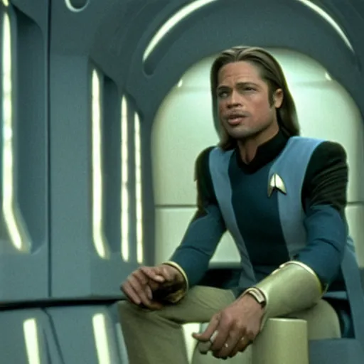 Prompt: film still of brad pitt sitting on the bridge in star trek, 4 k,