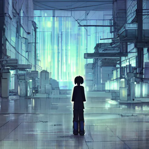 Image similar to a serial experiments lain inspired makoto shinkai scenery artwork