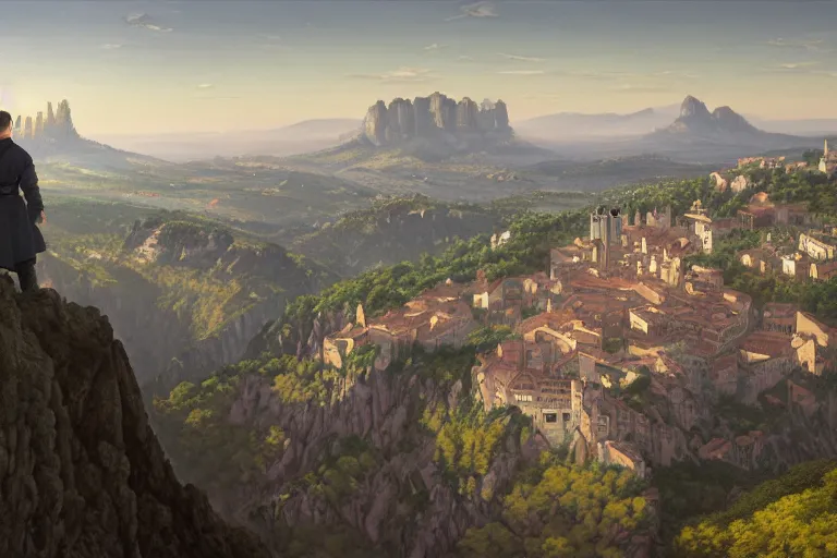 Prompt: an ultra detailed matte landscape painting of an extremely tall and strong young man with short brown hair standing on a cliff overlooking a medieval european capital built on top of many hills, italian renaissance architecture, ultrawide lense, aerial photography, 8 k, volumetric lighting, smooth, highly detailed, digital illustration, art by greg rutkowski and akira toriyama and artgerm