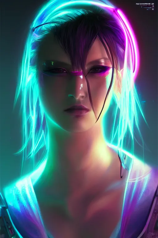 Image similar to portrait futuristic dreaming cyberpunk female ninja, in futuristic neon light and firefly tokyo rooftop cyberpunk night, ssci-fi, fantasy, intricate, very very beautiful, elegant, neon light, highly detailed, digital painting, artstation, concept art, soft light, hdri, smooth, sharp focus, illustration, art by tian zi and craig mullins and WLOP and alphonse mucha