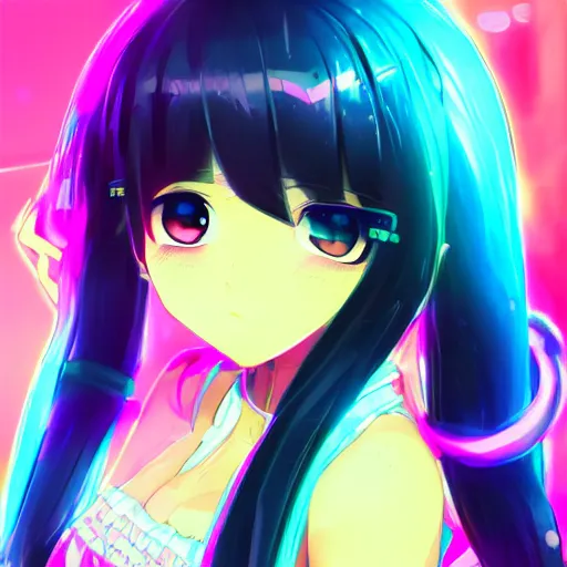 Prompt: professional digital portrait of an anime girl with neon light blue and neon pink pigtails, trending on artstation, super detailed, bokeh, anime wallpaper 8 k hd, anime screenshot