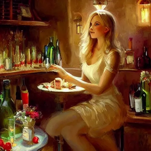 Image similar to wine cellar full of food, torches on the wall, schnapps!, romantic, inviting, cozy, blonde! woman, painting Vladimir Volegov