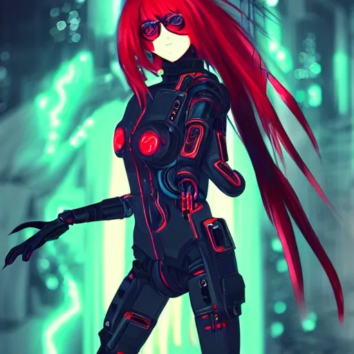 Prompt: digital anime in the style of arcane a cyborg - girl hacking into reality, black red long hair!, biomechanical details, neon background lighting, full body, medium sensor, 8 0 mm, reflections, wlop, ilya kuvshinov, artgerm