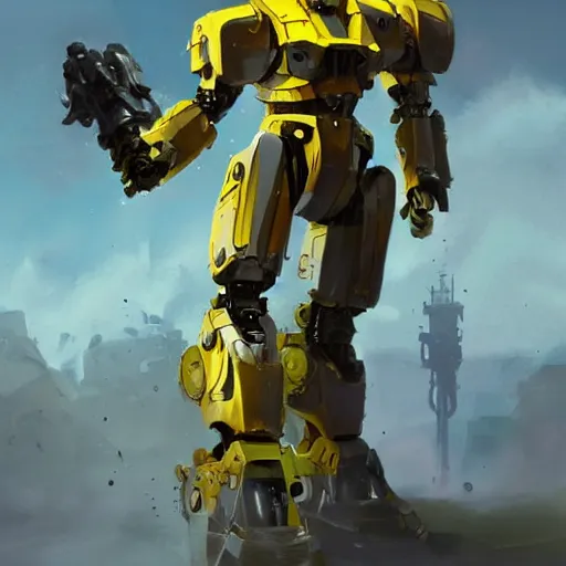 Image similar to yellow mecha with flat head and big sword and shield, Keetongu Bionicle, by Greg Rutkowski