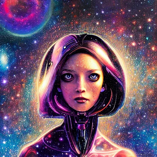 Prompt: a female robot AI painting beautiful cosmic art on a canvas, by artgerm and wlop and scott fischer and seb mckinnon, digital art, highly detailed, wide shot, intricate, fantasy, mystical, sharp focus, Trending on Artstation HQ, deviantart, unreal engine 5, 4K UHD image