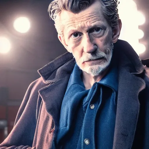 Image similar to tom holland as a rough dirty old man with a scruffy beard in a dark blue trenchcoat as the new doctor who, cinematic, volumetric lighting, f 8 aperture, cinematic eastman 5 3 8 4 film, photorealistic