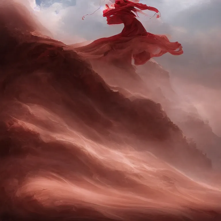 Image similar to a swirling otherworldly angelic figure shrouded in red robes and white mist emerges from an extensive colorful dune scape with a stairway of floating boulders, windswept, sand, rocks, sparse vegetation, distant cityscape, grey cloudy skies, distant ocean, contrejour lighting, high contrast, highly detailed, a matte painting by Peter Mohrbacher and Filip Hodas