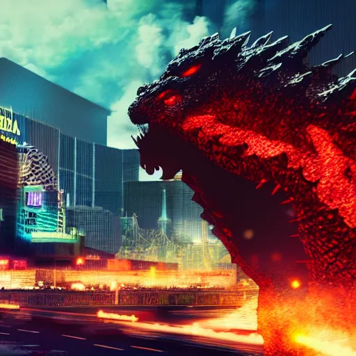 Prompt: Godzilla destroying Las Vegas, digital art, 8k, octane render