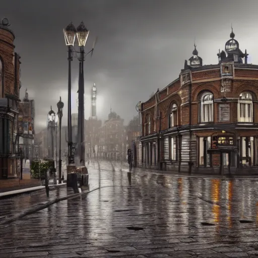 Image similar to rainy victorian city, 8k, ultrarealistic, ultra hd, gloomy, photorealistic