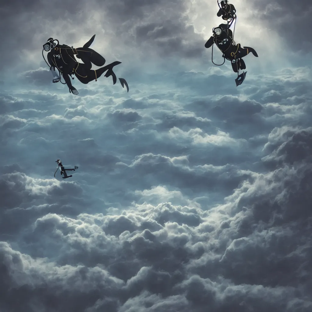 Image similar to a scubadiver floating above the clouds, digital illustration