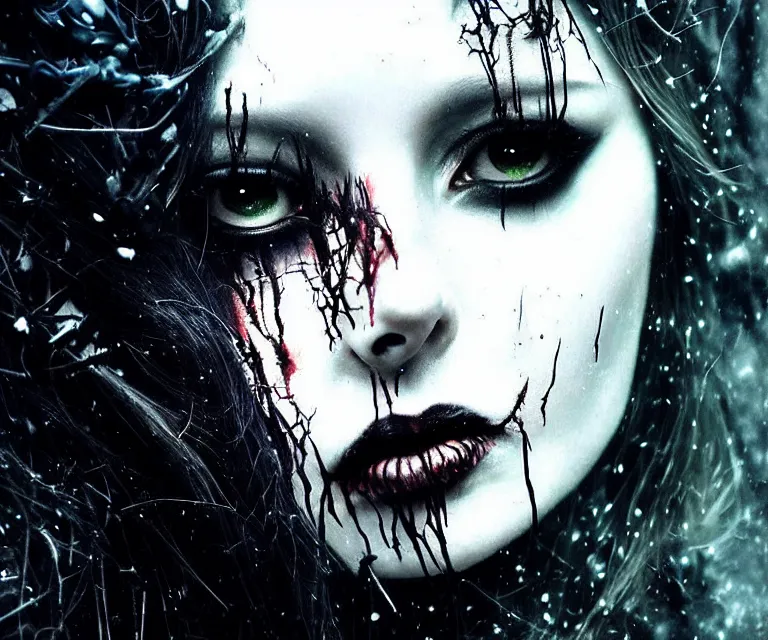 Prompt: stunning otherworldly gothic goddess of freewill, dark and mysterious, atmospheric, ominous, eerie, cinematic, epic, 8 k, ultra detail, ultra realistic, rendered by awesomeness. nights falling wind is blowwing snow is pilling concept art in style of carne griffiths artwork by xsullo. backround by elson, peter kemp, peter