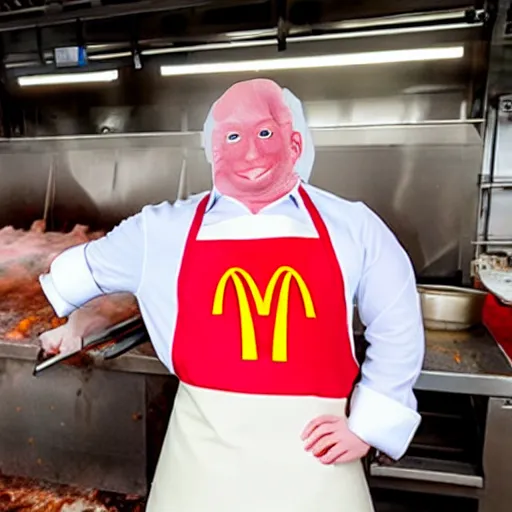 Image similar to ronald mc donald in a slaughterhouse wearing apron.