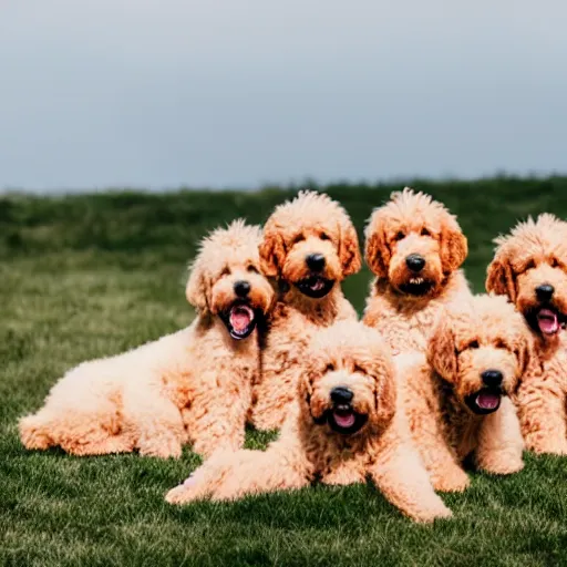 Image similar to a huge pile of golden doodle dogs, photography