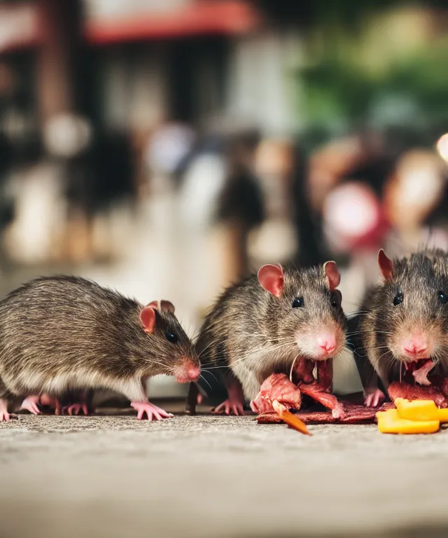 Image similar to high quality presentation photo of vicious anthropomorphic rats eating meat, photography 4k f1.8 anamorphic bokeh 4k Canon Nikon