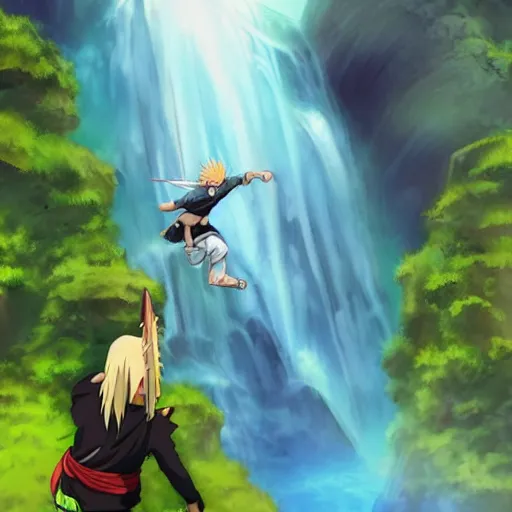 Image similar to man with sword jump of the cliff in front of the waterfall, dragons flying around, anime, cartoon, superhero, naruto