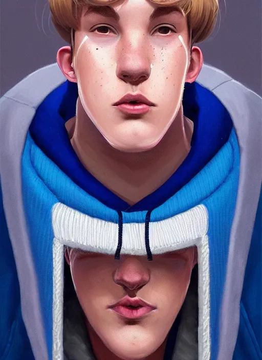 Image similar to portrait of high school senior boy named big moose, blonde short hair, jock, beefy, wide face, square jaw, square facial structure, blue varsity jacket with letter r, intricate, elegant, glowing lights, highly detailed, digital painting, artstation, concept art, sharp focus, illustration, art by wlop, mars ravelo and greg rutkowski