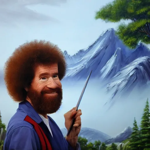 Image similar to a closeup photorealistic photograph of bob ross working on a canvas painting of spiderman. film still. brightly lit scene. mountains and trees. this 4 k hd image is trending on artstation, featured on behance, well - rendered, extra crisp, features intricate detail, epic composition and the style of unreal engine.