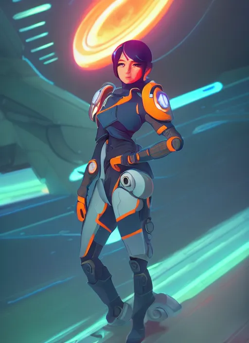 Image similar to indo - futuristic pilot + full body | hyperrealistic digital painting by makoto shinkai, ilya kuvshinov, lois van baarle, rossdraws | indofuturism in the style of hearthstone and overwatch, trending on artstation | orange highlights and complimentary colors