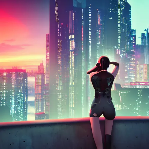 Image similar to cyberpunk girl looking to the city at sunset
