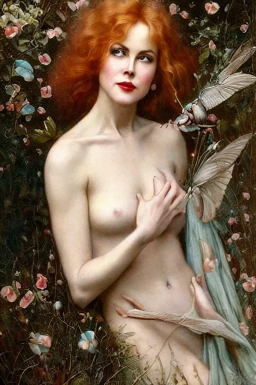 Prompt: An extremely beautiful young nicole kidman from the early 90s explaining the birds and the bees by Tom Bagshaw in the style of a modern Gaston Bussière, art nouveau, art deco, surrealism. Extremely lush detail. Melancholic scene. Perfect composition and lighting. Profoundly surreal. High-contrast lush surrealistic photorealism. Sultry and mischievous expression on her face.