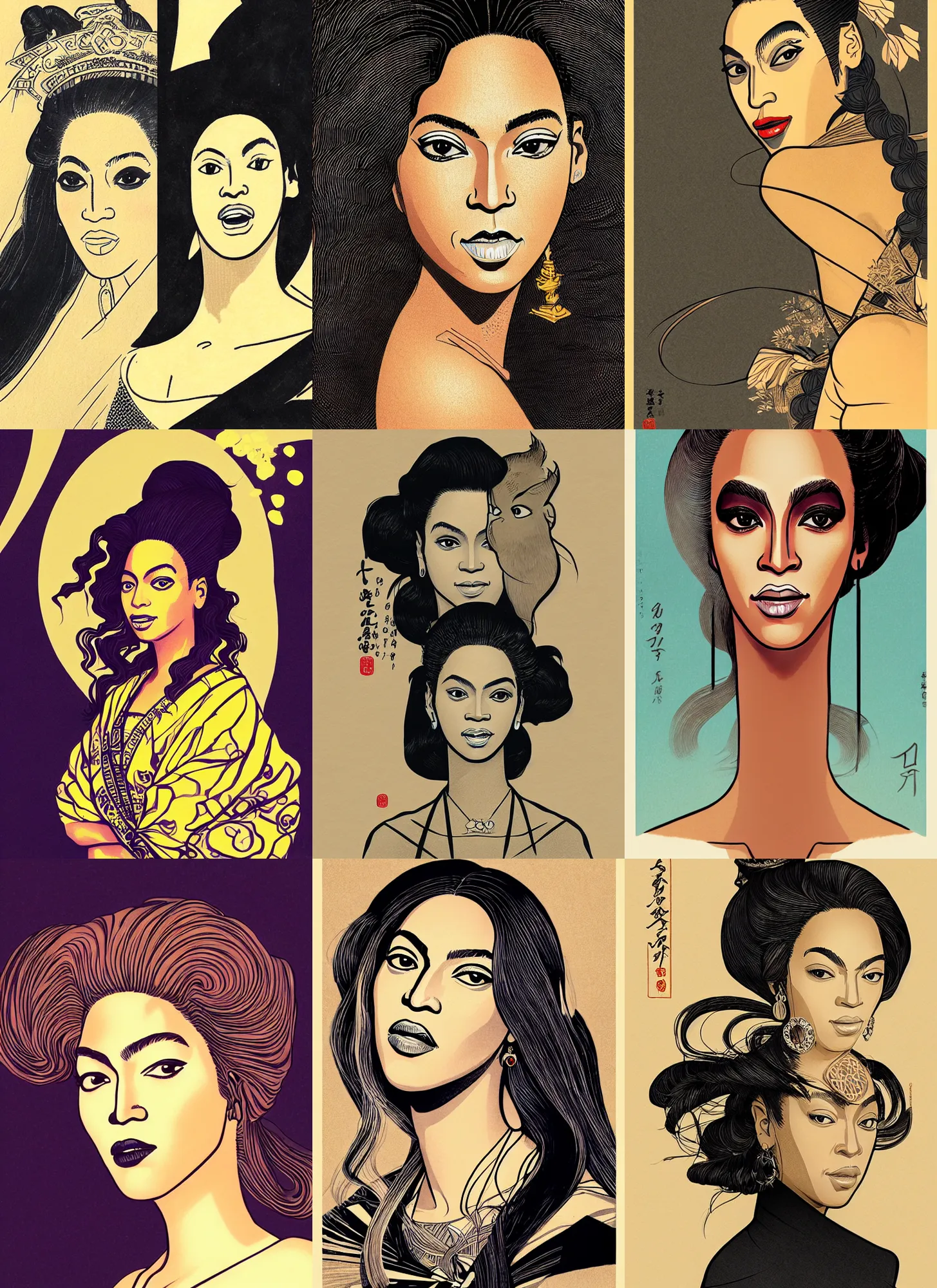 Prompt: a portrait of beyonce. shin - hanga and kawanabe kyosai and cory loftis and rossdraws