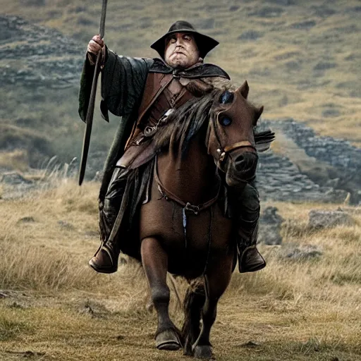 Prompt: movie still of danny devito starring as aragon in the 2 0 2 6 lord of the rings movie, with hat, full body