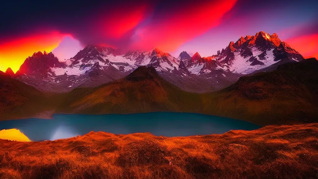 Image similar to amazing landscape photo of mountains with lake in sunset by marc adamus, beautiful dramatic lighting