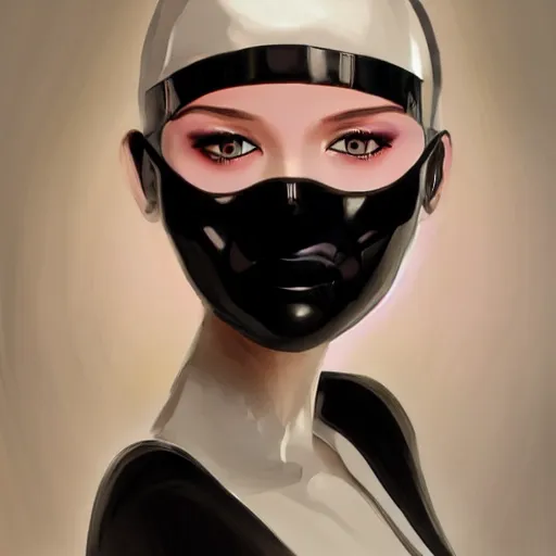 Prompt: android robot woman face painting, black facemask, looking straight to camera, muted colors, matte print, pastel colors, ornate, digital art, cute smile, winning artwork, digital painting, professional art, elegant, by Ilya Kuvshinov, by artgerm