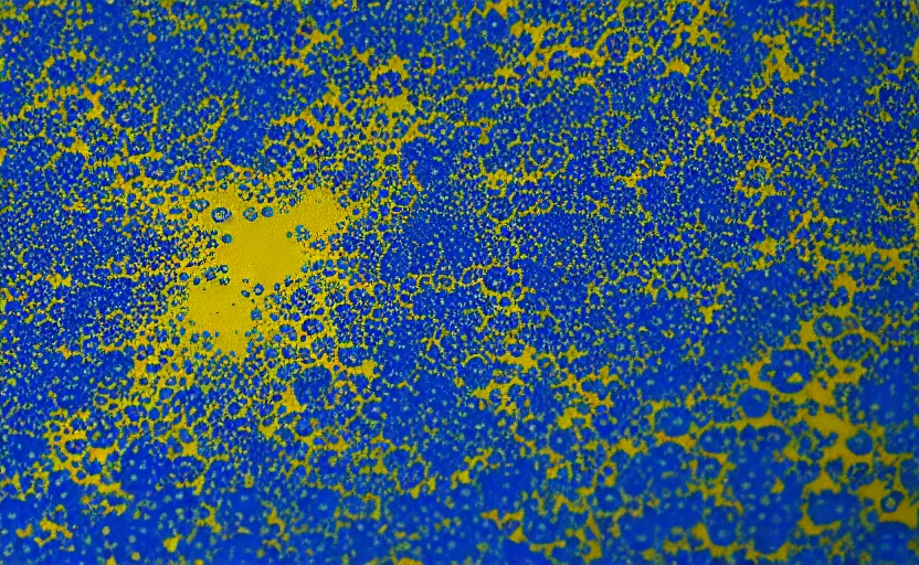 Prompt: blue liquid splatters on a yellow surface converted into a sculpture, algorithm, close up, 33mm, 4k