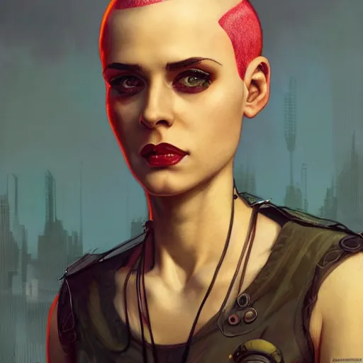 Image similar to character portrait of a retro punk woman in a pixie cut, shaved side of head, dystopian cyberpunk steampunk soviet mood, intricate, wild, highly detailed, digital painting, artstation, upper body, concept art, smooth, sharp focus, illustration, art by artgerm and greg rutkowski and alphonse mucha