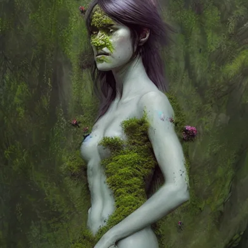 Image similar to a beautiful humanoid creature made out of moss and flowers. ethereal fantasy art by greg rutkowski