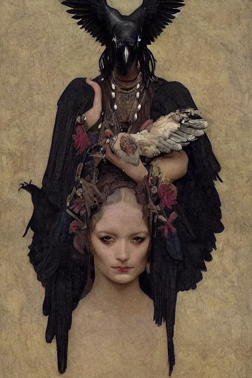 Prompt: a goth shaman with the head of a raven, by Annie Swynnerton and Nicholas Roerich and John Bauer and John William Godward and Donato Giancola and Vermeer, black leather and embroidered velvet, iridescent beetles, rich color, dramatic cinematic lighting, featured on Artstation, extremely detailed