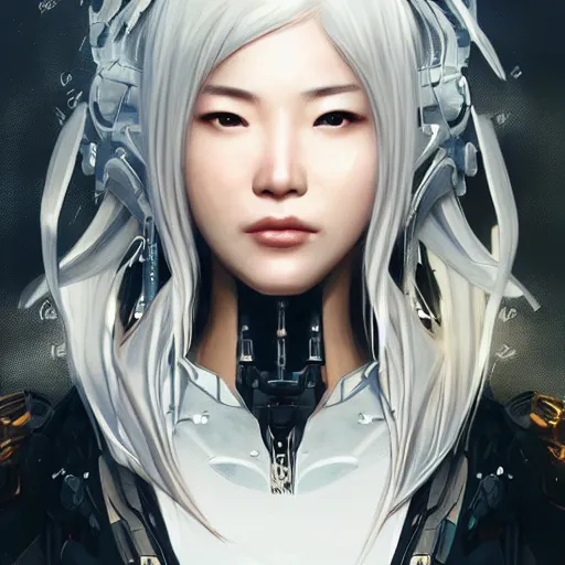 Image similar to ultra realistic illustration of cyborg song hye - kyo, warframe, intricate, nier automata, sunset, white hair, elegant, highly detailed, very intelligent, digital painting, highlights, artstation, concept art, smooth, sharp focus, illustration, art by artgerm and akihiko yoshida and alphonse mucha