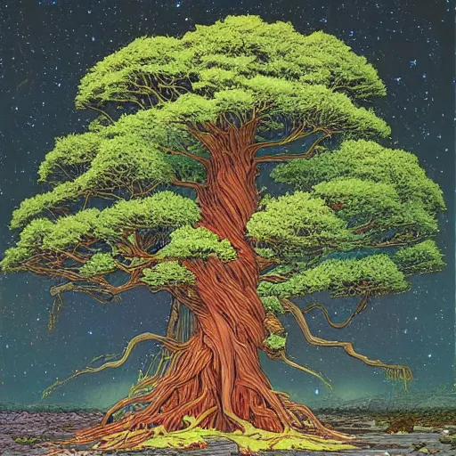 Prompt: a large tree rooted in a galactic crystal floating in space, by moebius