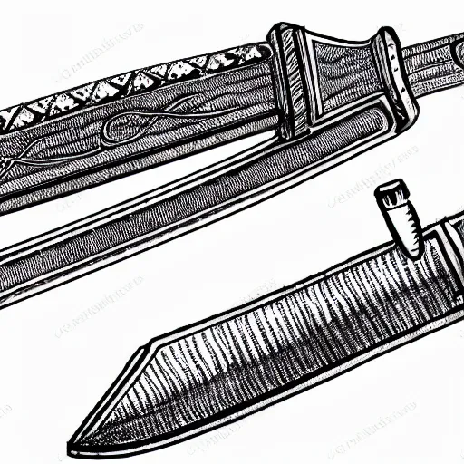 Image similar to black and white pen and ink sword design highly detailed technical drawing