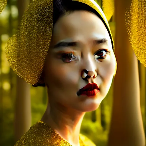 Image similar to innovative avant - garde art, deco fashion, asian women, highly detailed, photorealistic portrait, serene forest setting, golden hour, crisp quality and light reflections, octane render