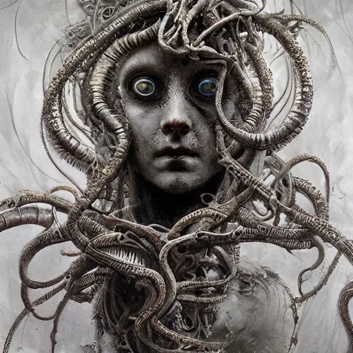 Image similar to biomechanical medusa by gustave dore and gustave moreau and beksinski and giger and craig mullins and jeremy mann