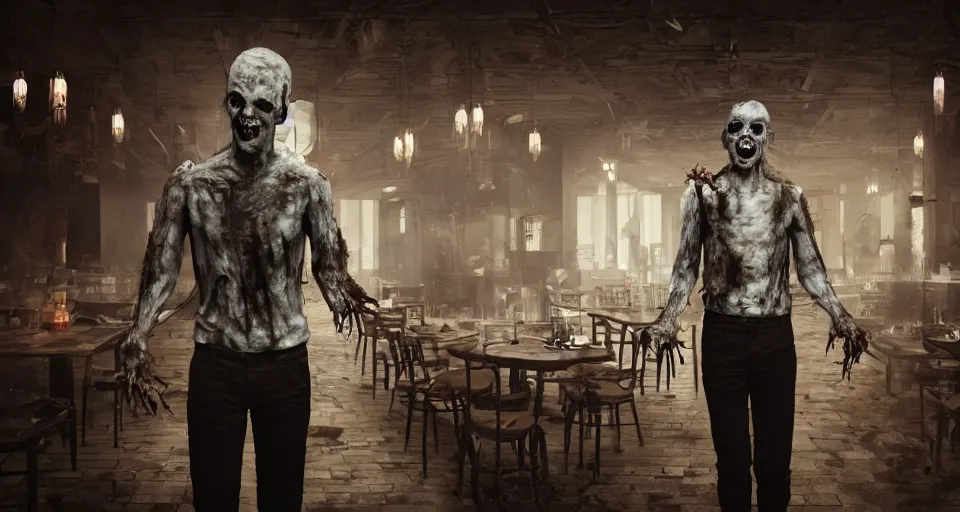 Image similar to waiter angry zombie, detailled portrait, restaurant interior, feeling of grimdark horror, daytime, high contrast, ultra intricate detailed, octane render, unreal engine