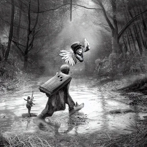 Image similar to a grave digger with remnants of angel wings is chasing a child through a creek in the woods, bad dream, hazy memory, volumetric, hyper realistic, dark black and white in the style of alvin schwartz, epic angles