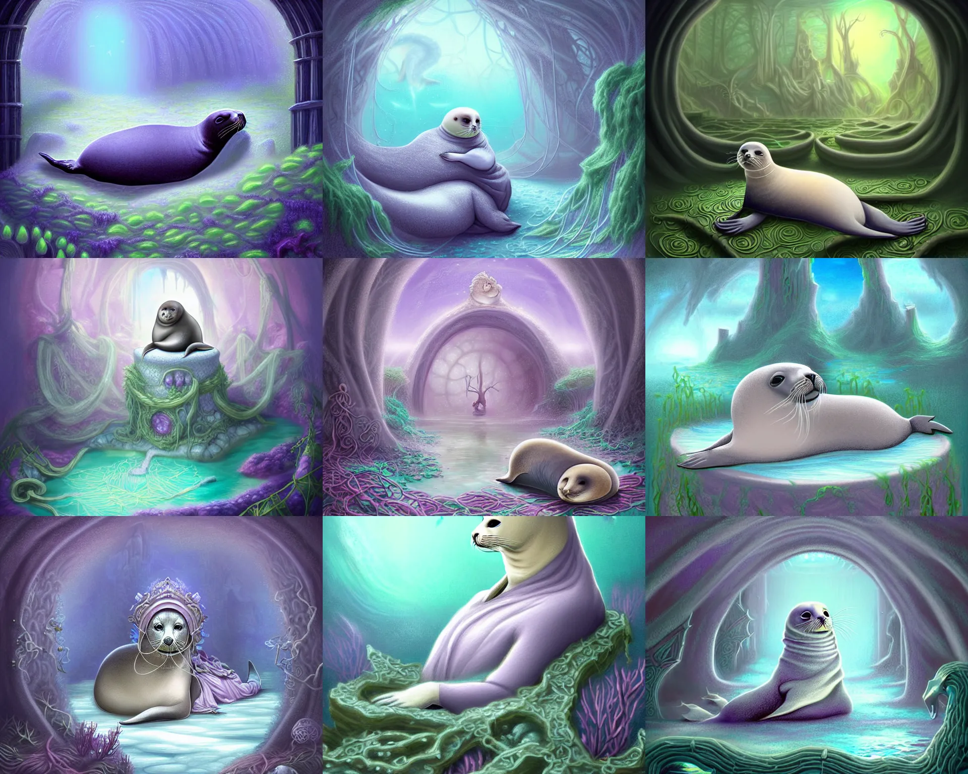 Prompt: beautiful digital fantasy illustration of a Prince in pastel!!!, whimsical acrylic modern pop surrealism, Even Giger-y dark overlords living in the ruins of an ancient system of tunnels and caves like to be comfy every once in a while!, A seal sleeping peacefully in a kelp forest, magic the gathering lands art!!, highly detailed, soft lighting, rendered in octane, masterpiece, very very very aesthetic