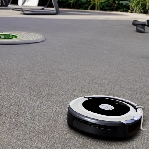 Image similar to roomba attacks the city, people running from roomba, buildings on fire