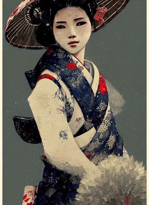 Image similar to female geisha girl, beautiful face, rule of thirds, intricate outfit, spotlight, by greg rutkowski, by jeremy mann