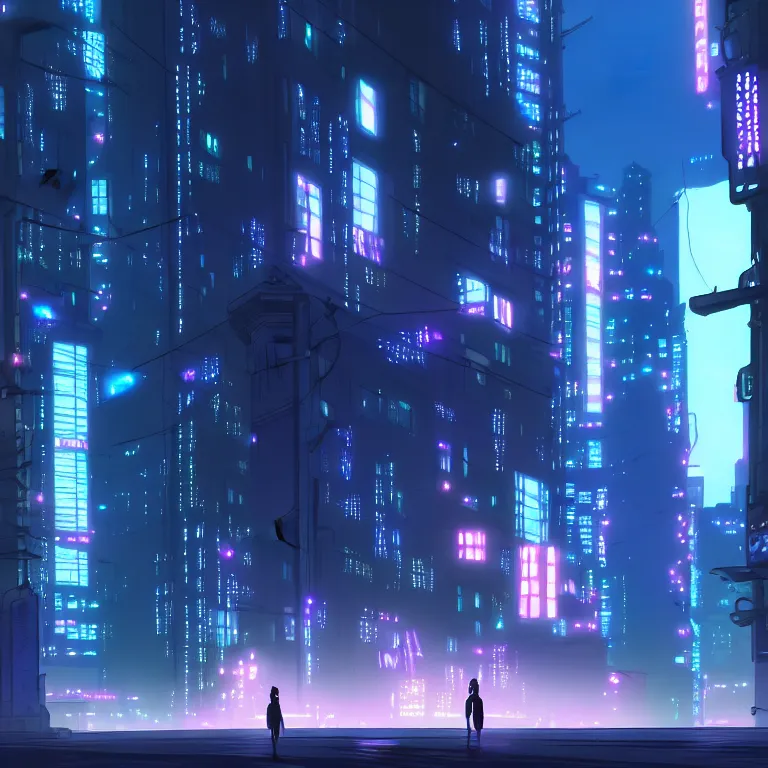 Image similar to city in the atmospheric cyberpunk anime film, gouache matte background painting, neon noir, at night with lights, by makoto shinkai, in the anime series ergo proxy, beautiful specular edge highlights and rim lighting