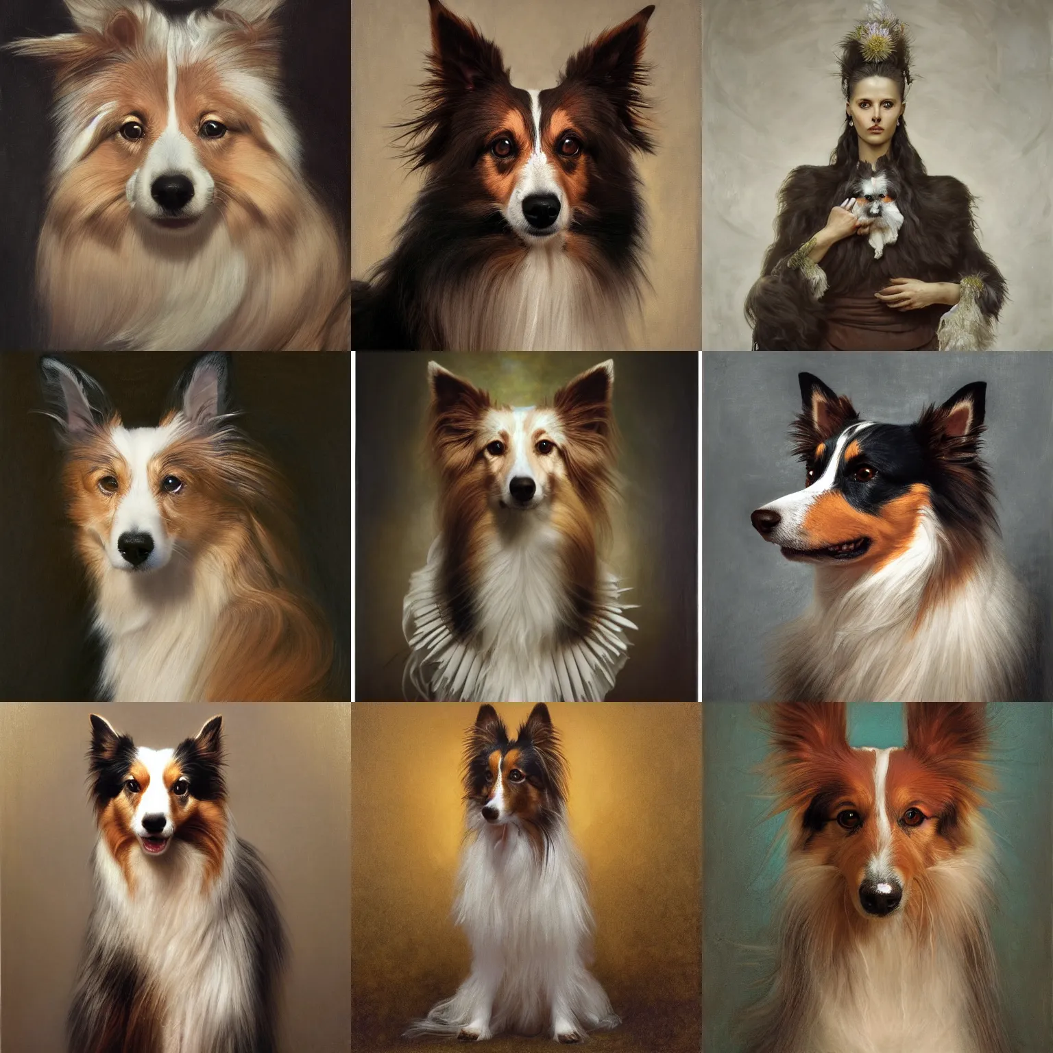 Prompt: portrait of a sheltie, by alexander mcqueen, by roberto ferri, by tom bagshaw, by j. c. leyendecker and klimt, by austin osman spare, highly detailed oil painting, very intricate, cinematic lighting, award - winning, american romanticism, artstation, cgsociety, official art, octane