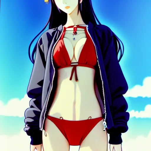 Image similar to a beautiful young japanese lalisa alluring gravure model, wearing oversized designer bomber jacket and one piece bikini, bulky poofy bomber jacket with mesoamerican patterns, mesoamerican native street fashion, gapmoe yandere grimdark, trending on pixiv fanbox, painted by greg rutkowski makoto shinkai takashi takeuchi studio ghibli, akihiko yoshida