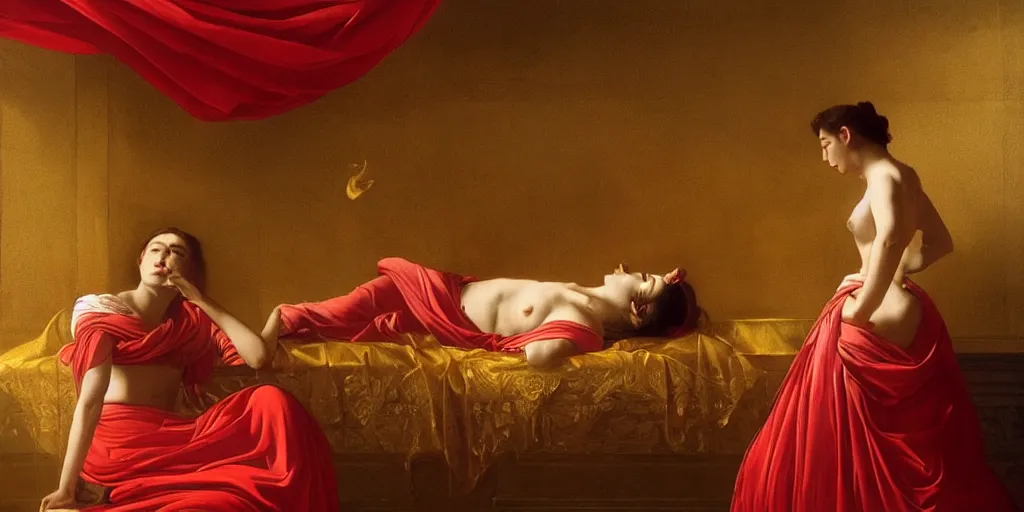 Prompt: beautiful oil matte painting, women engulfed by golden sheets and red drapers, wonderful masterpiece highly detailed, beautiful cinematic light deep focus, elegant, digital painting, smooth, sharp focus, golden ratio, dramatic illumination, ultra realistic, 8 k, art by artemisia lomi gentileschi and caravaggio