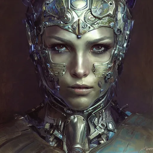 Image similar to portrait girl face metal cyborg armor and metal horse by gaston bussiere, anna nikonova aka newmilky, greg rutkowski, yoji shinkawa, yoshitaka amano, tsutomu nihei, donato giancola, geoffroy thoorens, gustav klimt, trending on artstation, featured on pixiv